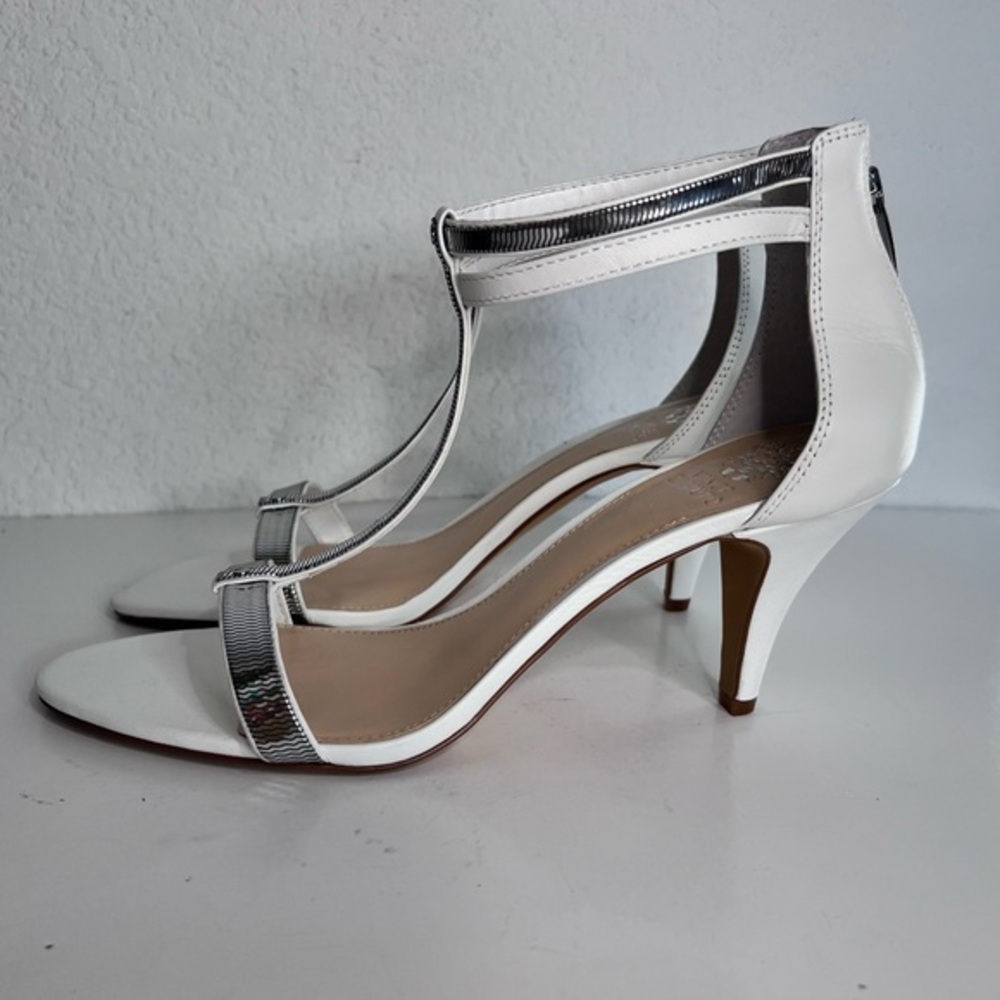 Vince Camuto White & Silver Leather Makoto Heeled Dress Bridal Sandals New  10
